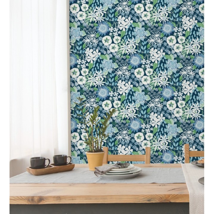 Papel pintado jardín de flores fondo azul estilo botánico  - Masie Garden 682061