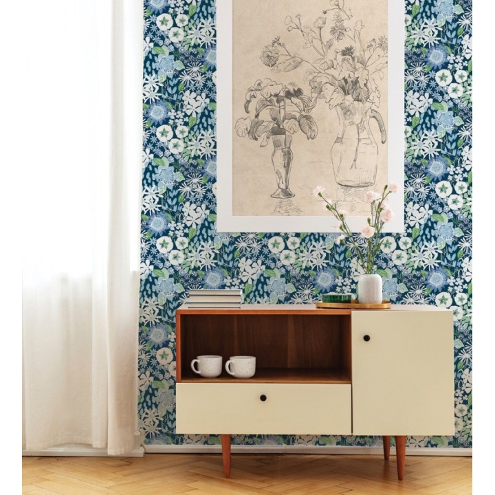 Papel pintado jardín de flores fondo azul estilo botánico  - Masie Garden 682061