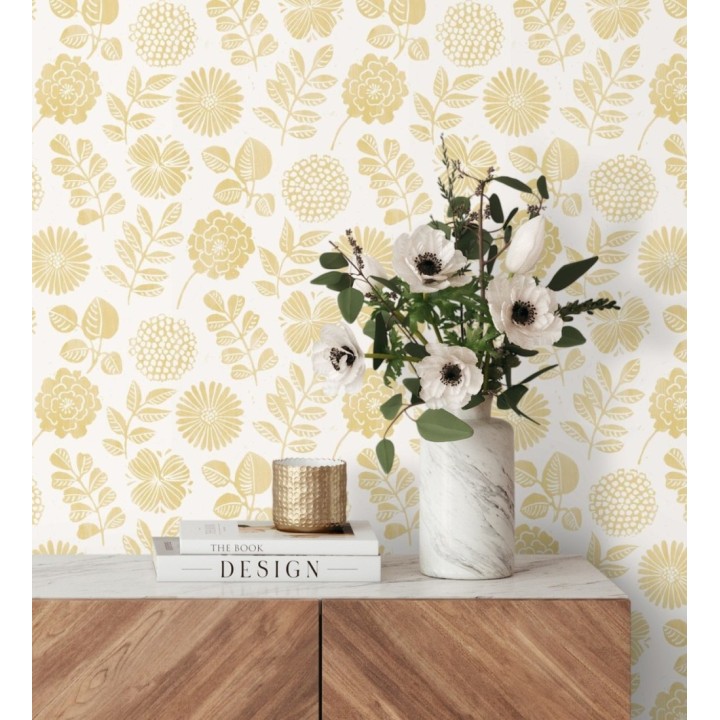 Papel pintado de flores y hojas color amarillo - Charlize 682067