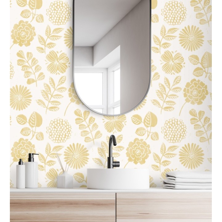 Papel pintado de flores y hojas color amarillo - Charlize 682067