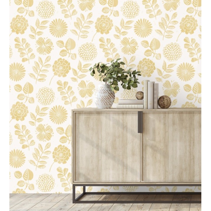 Papel pintado de flores y hojas color amarillo - Charlize 682067