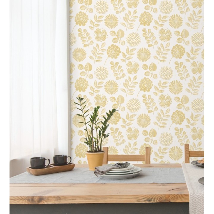 Papel pintado de flores y hojas color amarillo - Charlize 682067