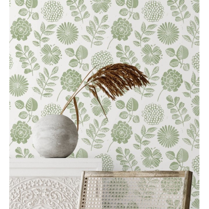 Papel pintado de flores y hojas color verde - Charlize 682068