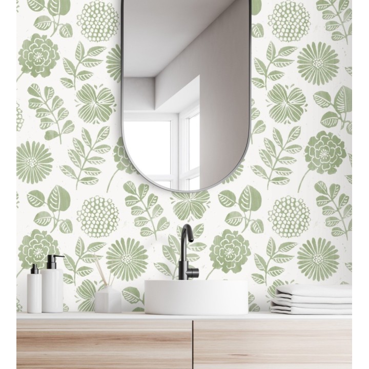 Papel pintado de flores y hojas color verde - Charlize 682068