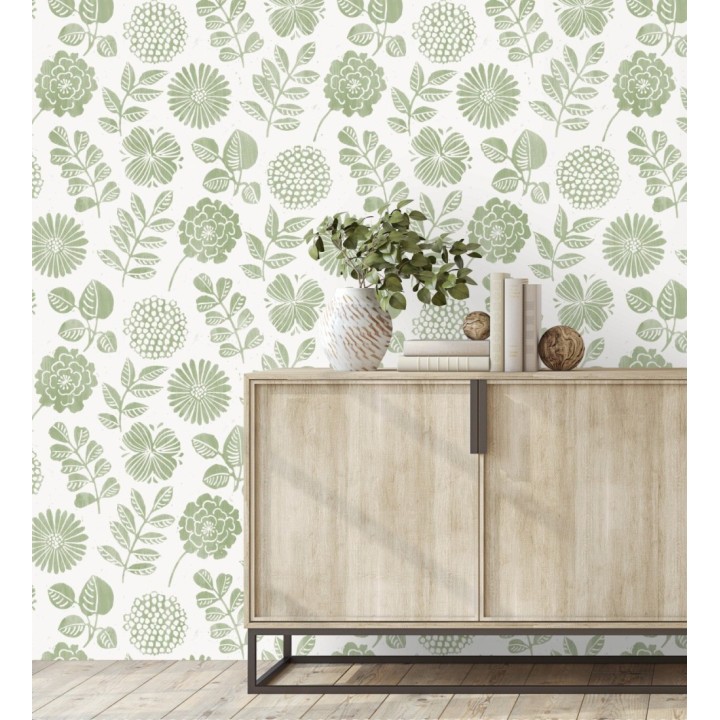 Papel pintado de flores y hojas color verde - Charlize 682068