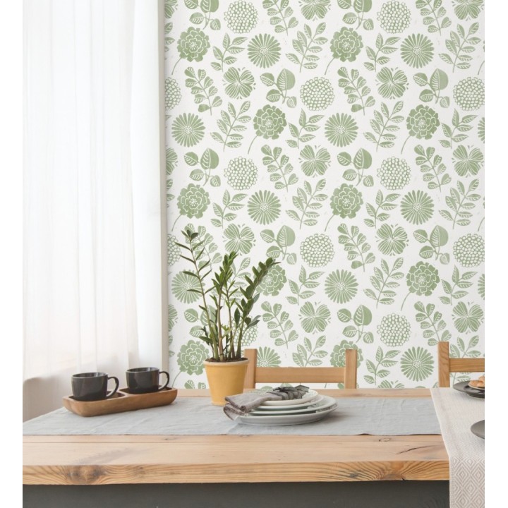 Papel pintado de flores y hojas color verde - Charlize 682068