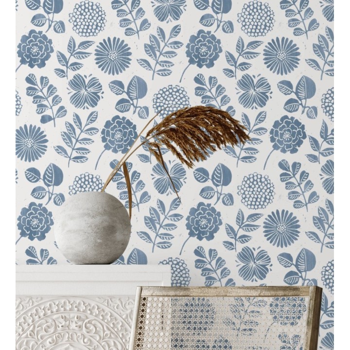 Papel pintado de flores y hojas color azul - Charlize 682069