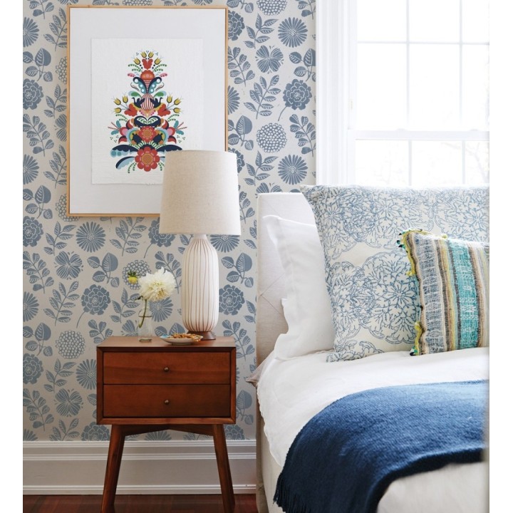 Papel pintado de flores y hojas color azul - Charlize 682069