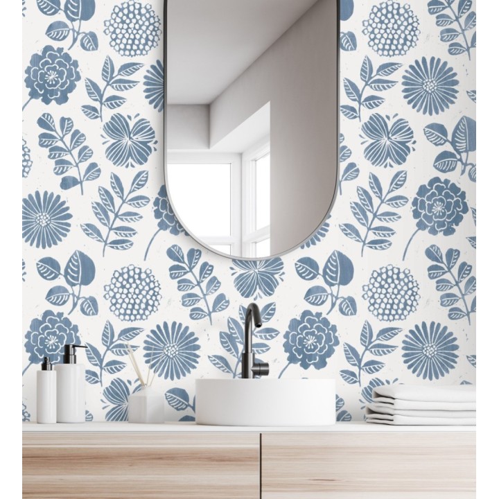 Papel pintado de flores y hojas color azul - Charlize 682069