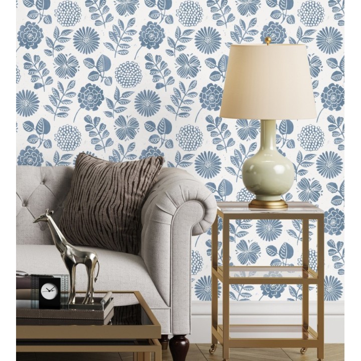 Papel pintado de flores y hojas color azul - Charlize 682069