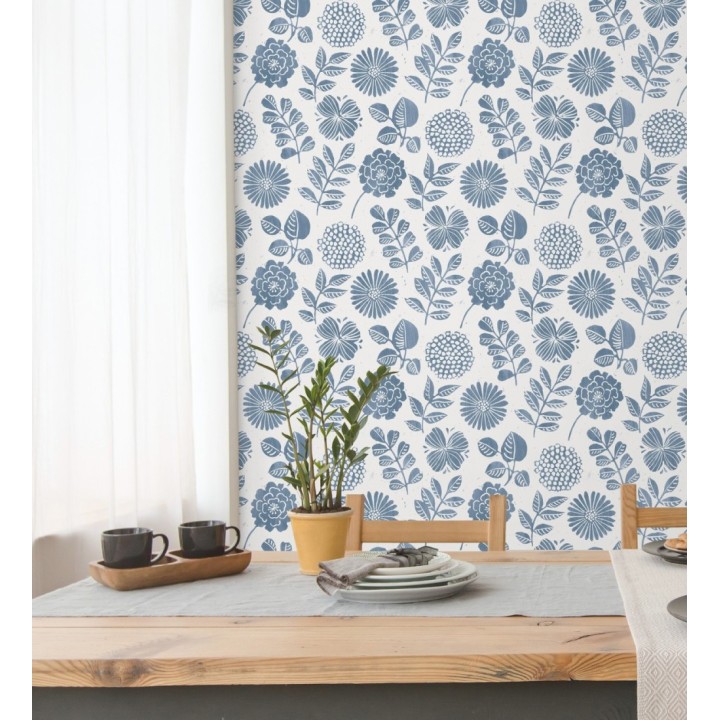 Papel pintado de flores y hojas color azul - Charlize 682069