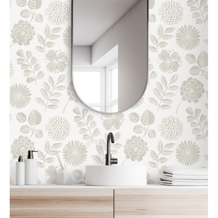 Papel pintado de flores y hojas color gris claro cálido - Charlize 682070