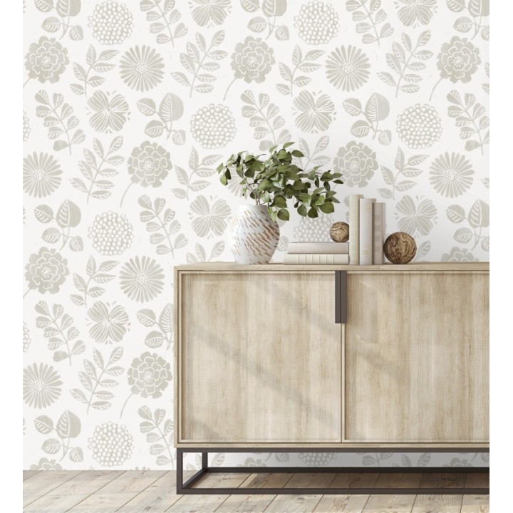 Papel pintado de flores y hojas color gris claro cálido - Charlize 682070