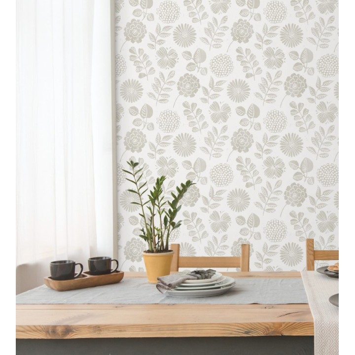 Papel pintado de flores y hojas color gris claro cálido - Charlize 682070