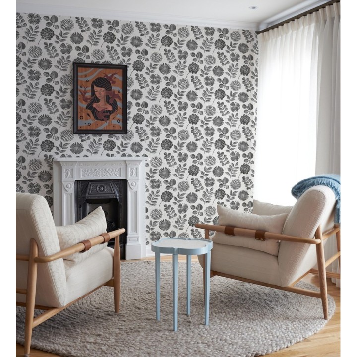 Papel pintado de flores y hojas color negro - Charlize 682071