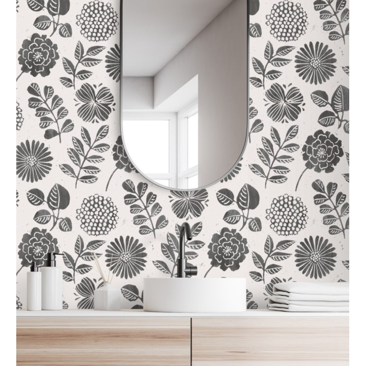 Papel pintado de flores y hojas color negro - Charlize 682071