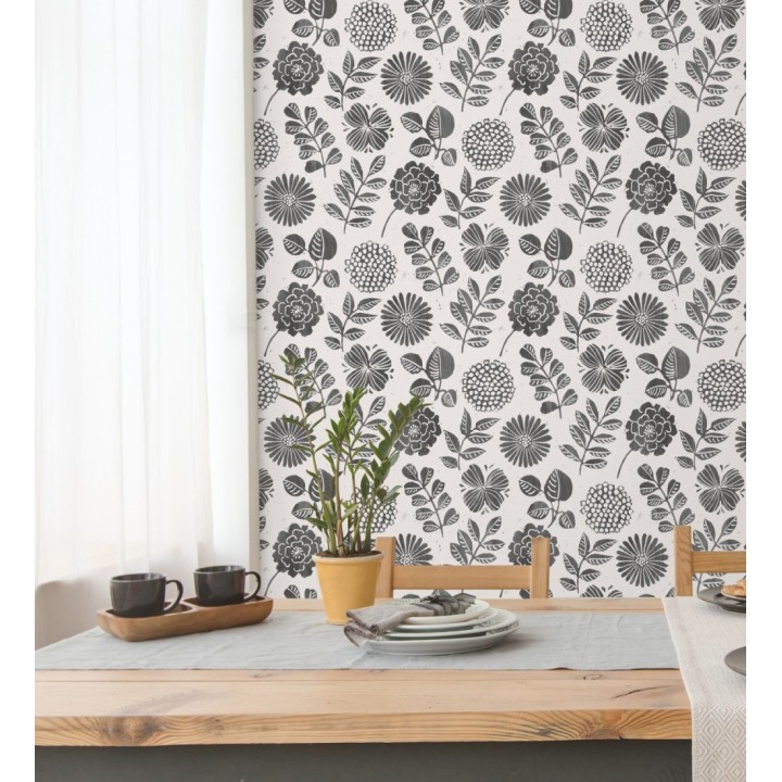 Papel pintado de flores y hojas color negro - Charlize 682071