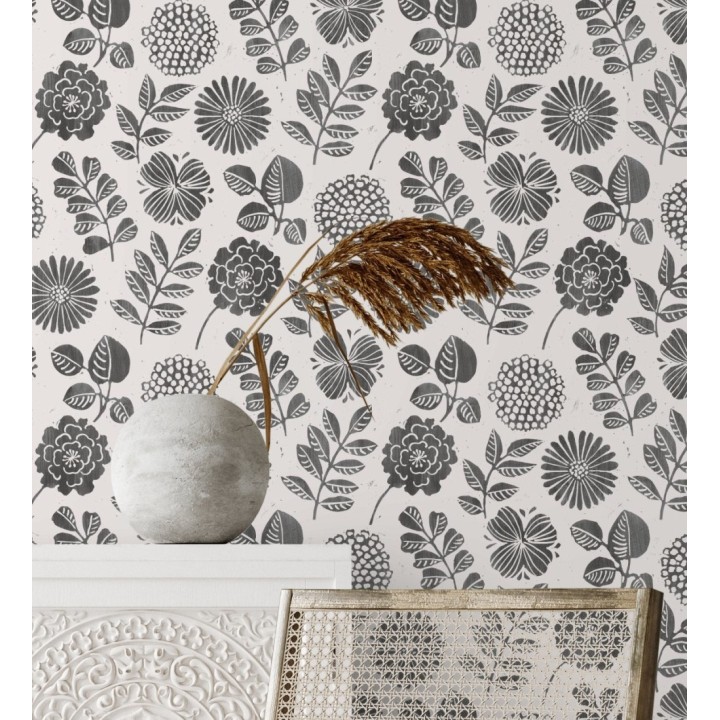 Papel pintado de flores y hojas color negro - Charlize 682071