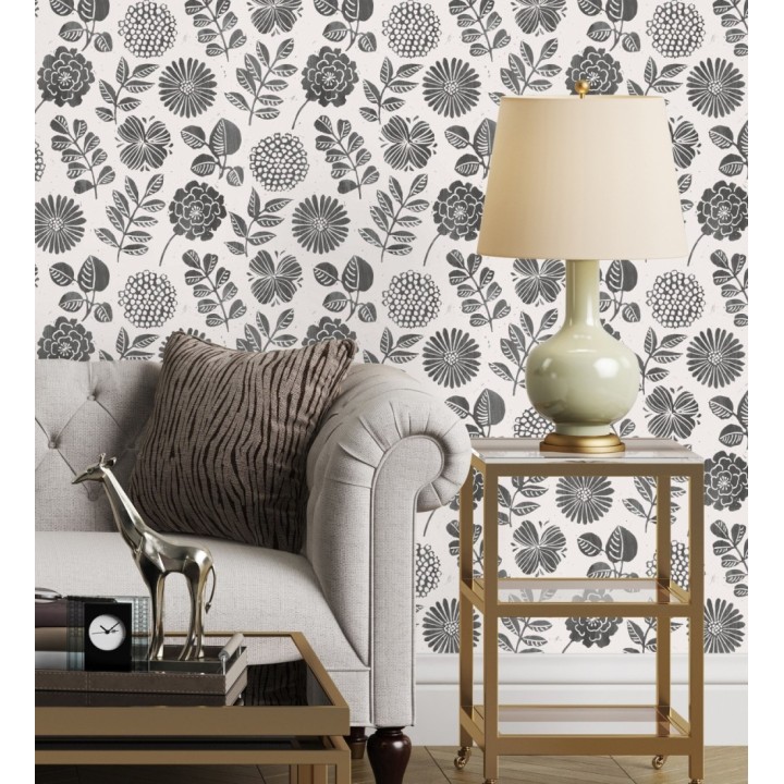 Papel pintado de flores y hojas color negro - Charlize 682071