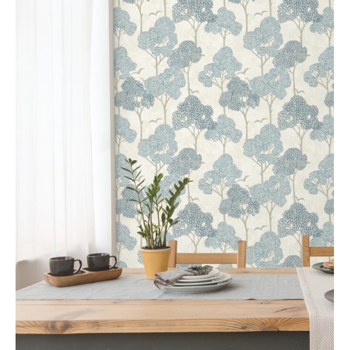 Papel pintado de árboles azules y pájaros con efecto texturizado - Central Park 682077