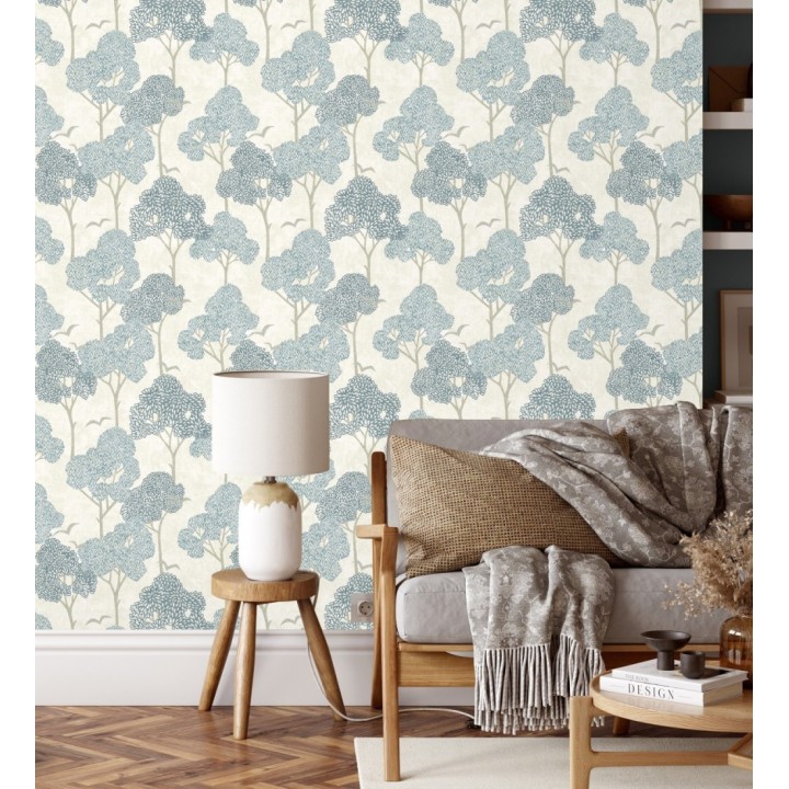 Papel pintado de árboles azules y pájaros con efecto texturizado - Central Park 682077