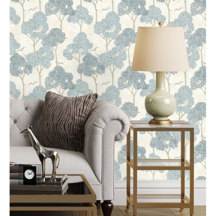 Papel pintado de árboles azules y pájaros con efecto texturizado - Central Park 682077