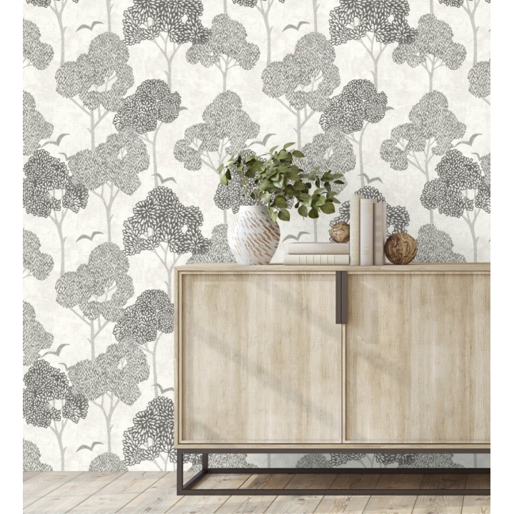 Papel pintado de árboles color gris y pájaros con efecto texturizado - Central Park 682078