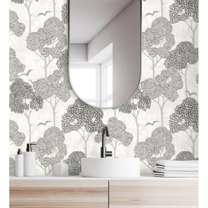 Papel pintado de árboles color gris y pájaros con efecto texturizado - Central Park 682078