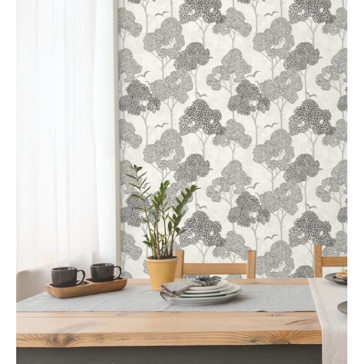 Papel pintado de árboles color gris y pájaros con efecto texturizado - Central Park 682078