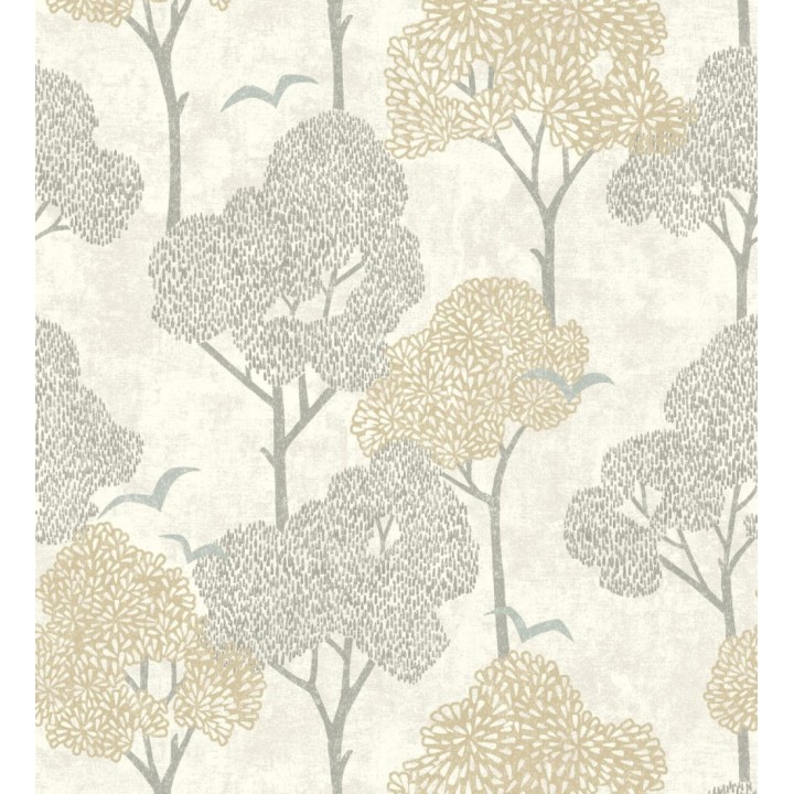 Papel pintado de árboles beige y pájaros con efecto texturizado - Central Park 682080