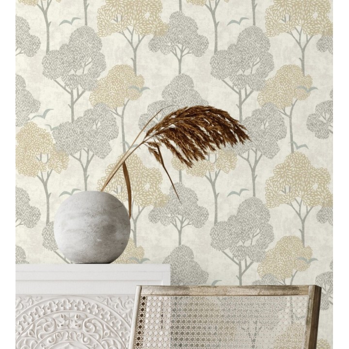 Papel pintado de árboles beige y pájaros con efecto texturizado - Central Park 682080