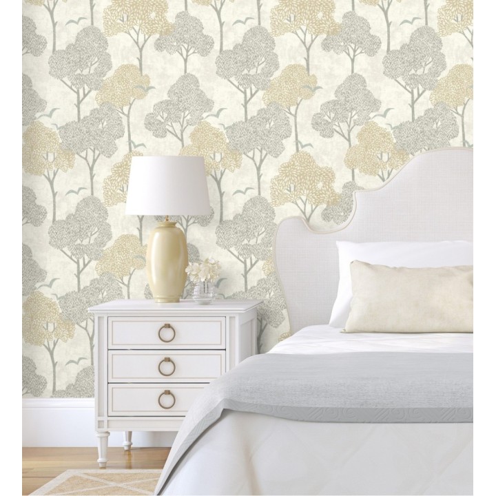 Papel pintado de árboles beige y pájaros con efecto texturizado - Central Park 682080