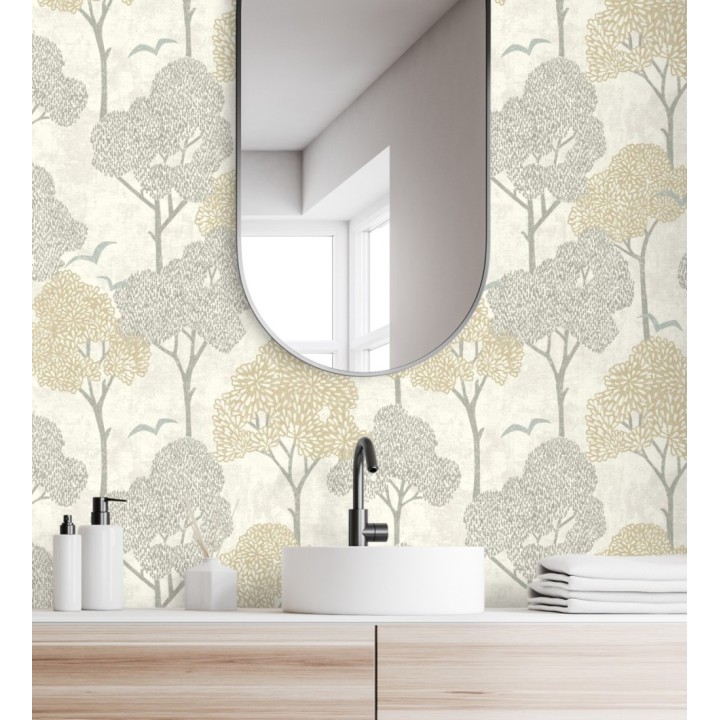 Papel pintado de árboles beige y pájaros con efecto texturizado - Central Park 682080