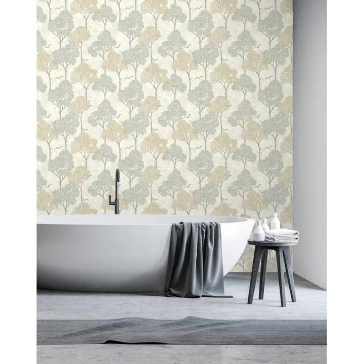 Papel pintado de árboles beige y pájaros con efecto texturizado - Central Park 682080