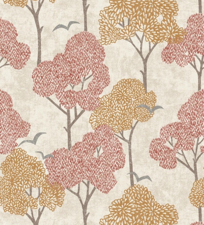 Papel pintado de árboles color coral y pájaros con efecto texturizado - Central Park 682081