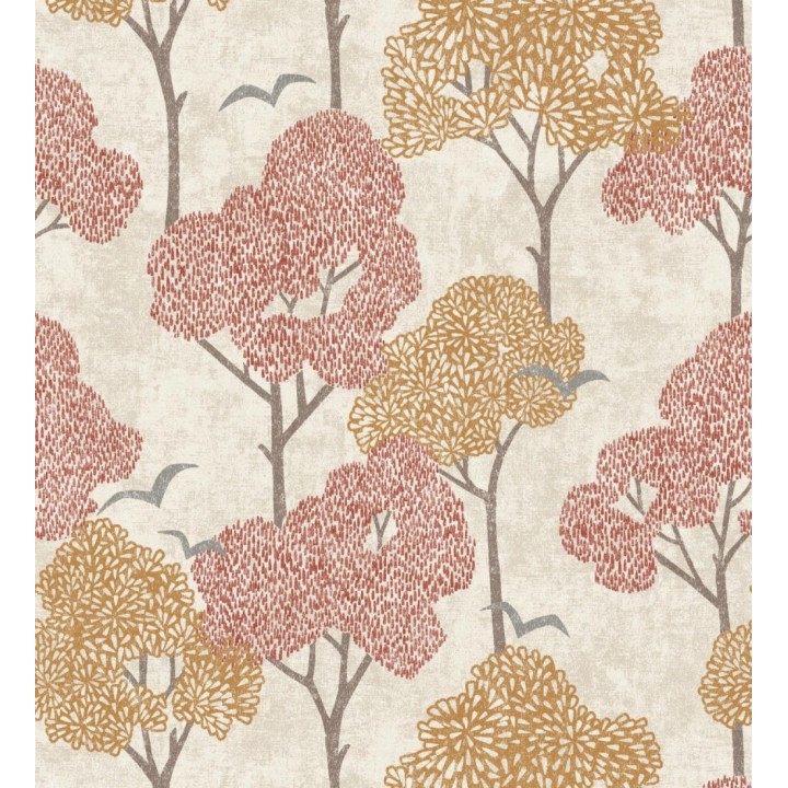 Papel pintado de árboles color coral y pájaros con efecto texturizado - Central Park 682081