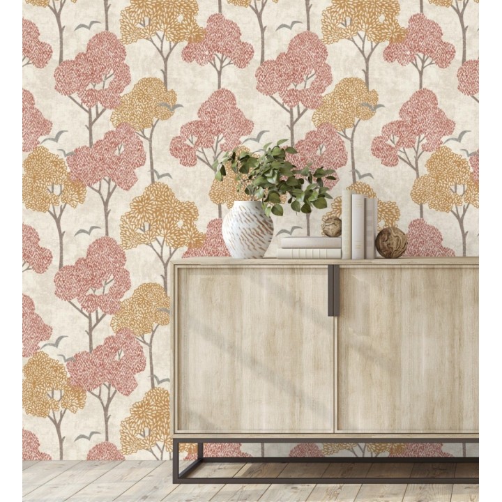 Papel pintado de árboles color coral y pájaros con efecto texturizado - Central Park 682081