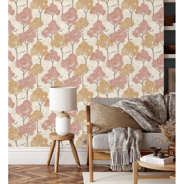 Papel pintado de árboles color coral y pájaros con efecto texturizado - Central Park 682081
