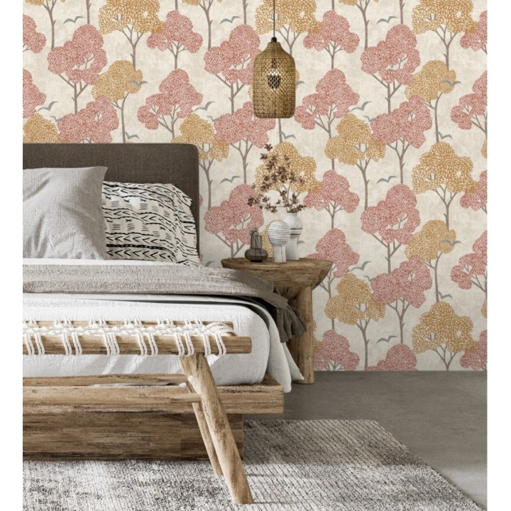 Papel pintado de árboles color coral y pájaros con efecto texturizado - Central Park 682081