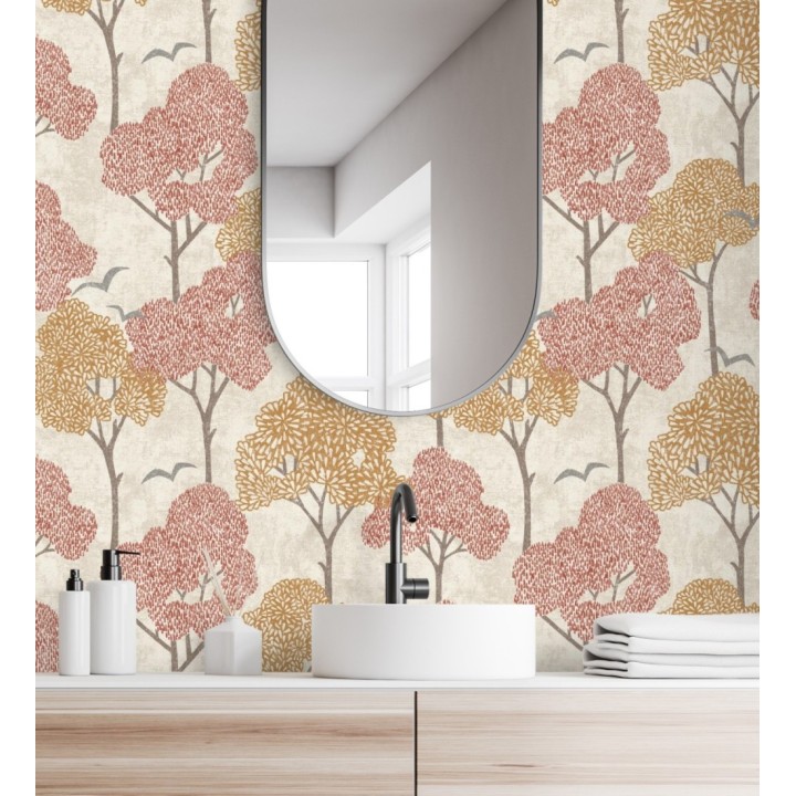 Papel pintado de árboles color coral y pájaros con efecto texturizado - Central Park 682081