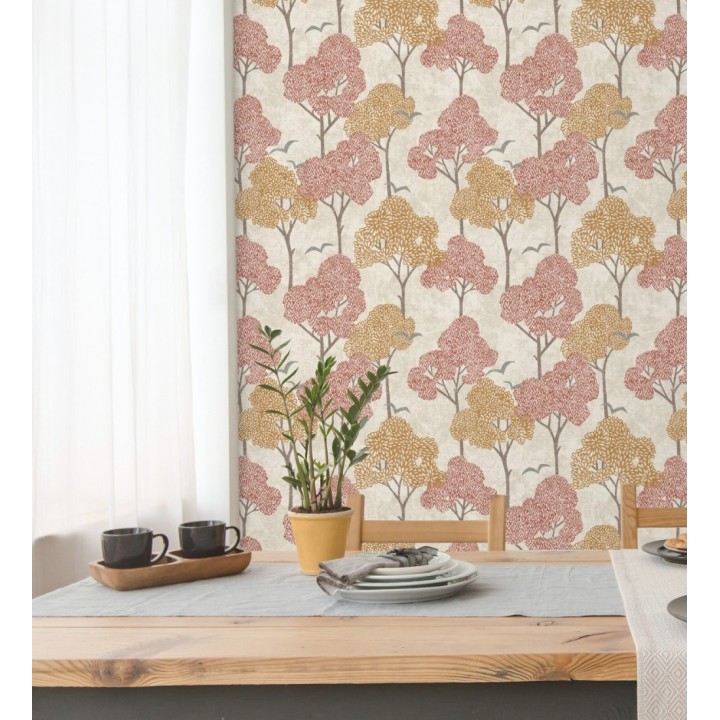 Papel pintado de árboles color coral y pájaros con efecto texturizado - Central Park 682081