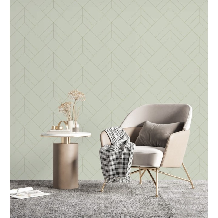 Papel pintado geométrico de rombos con líneas doradas fondo gris cálido estilo Art déco - Arnova 682082