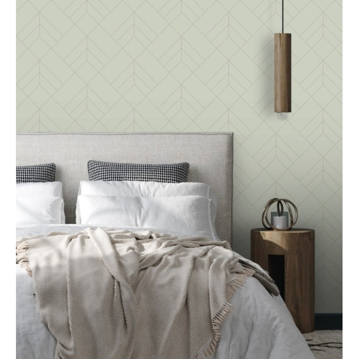 Papel pintado geométrico de rombos con líneas doradas fondo gris cálido estilo Art déco - Arnova 682082