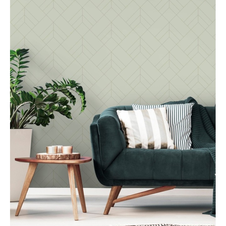 Papel pintado geométrico de rombos con líneas doradas fondo gris cálido estilo Art déco - Arnova 682082