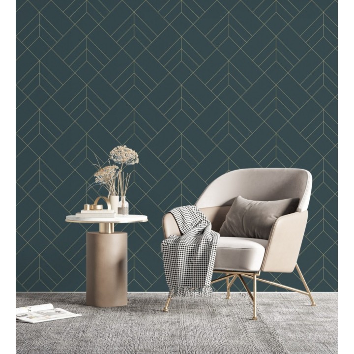 Papel pintado geométrico de rombos con líneas doradas fondo azul estilo Art déco - Arnova 682083