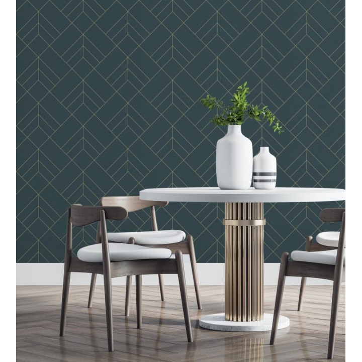 Papel pintado geométrico de rombos con líneas doradas fondo azul estilo Art déco - Arnova 682083