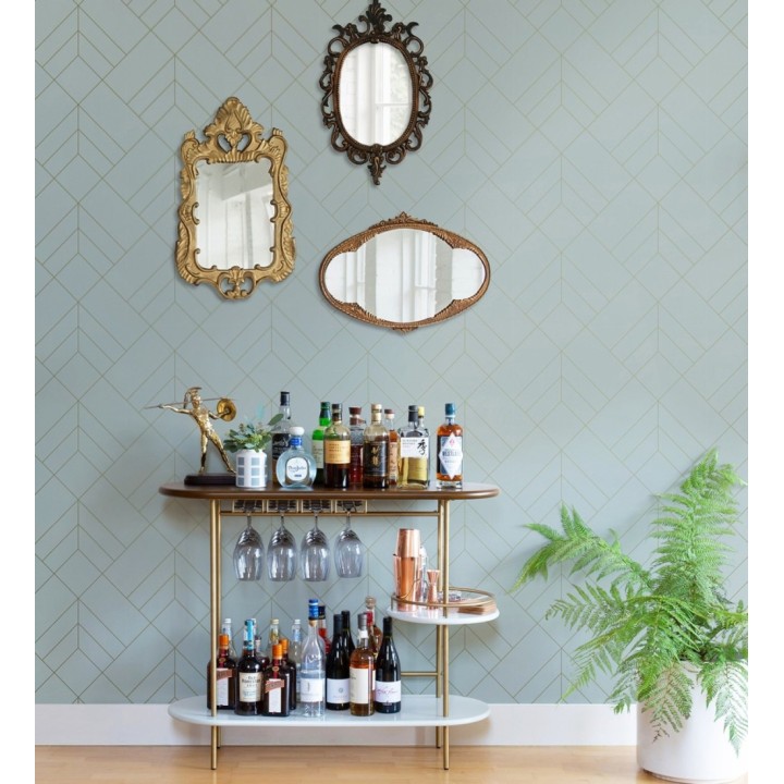 Papel pintado geométrico de rombos con líneas doradas fondo celeste estilo Art déco - Arnova 682084