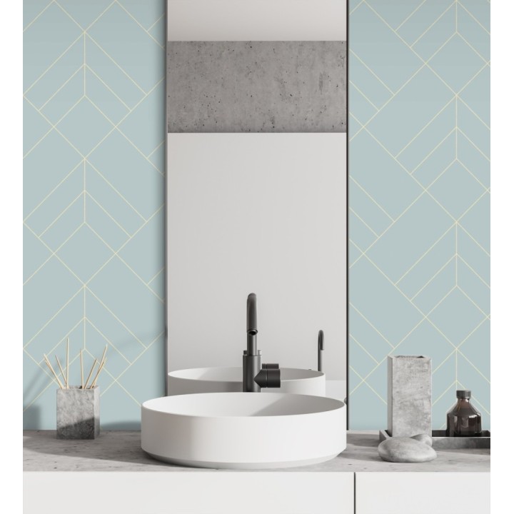 Papel pintado geométrico de rombos con líneas doradas fondo celeste estilo Art déco - Arnova 682084