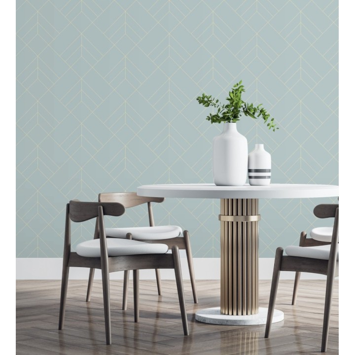 Papel pintado geométrico de rombos con líneas doradas fondo celeste estilo Art déco - Arnova 682084