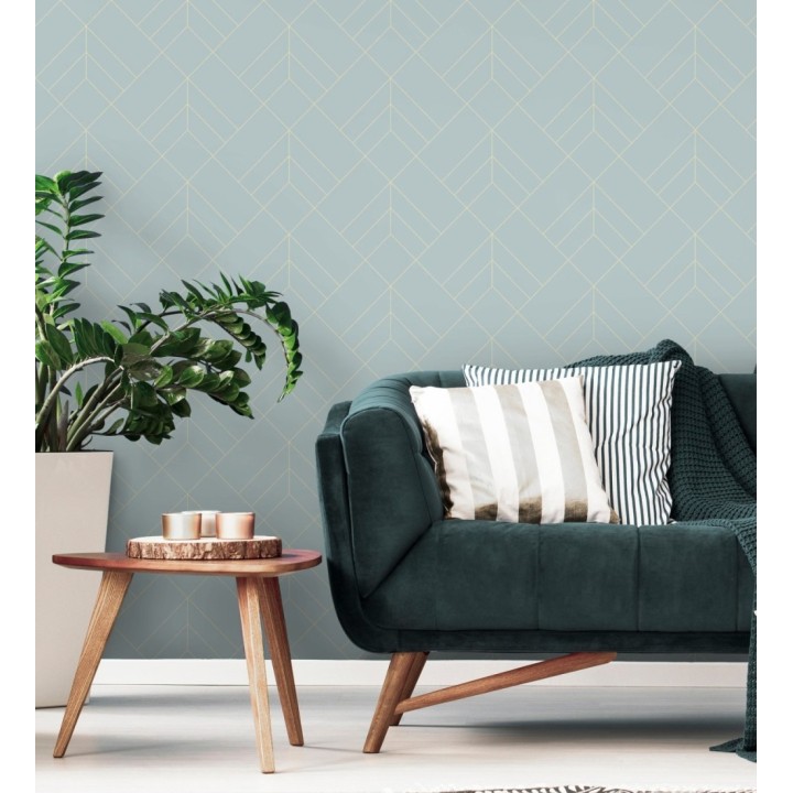 Papel pintado geométrico de rombos con líneas doradas fondo celeste estilo Art déco - Arnova 682084